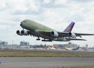First THAI A380 takes off from Toulouse for its maiden flight.
